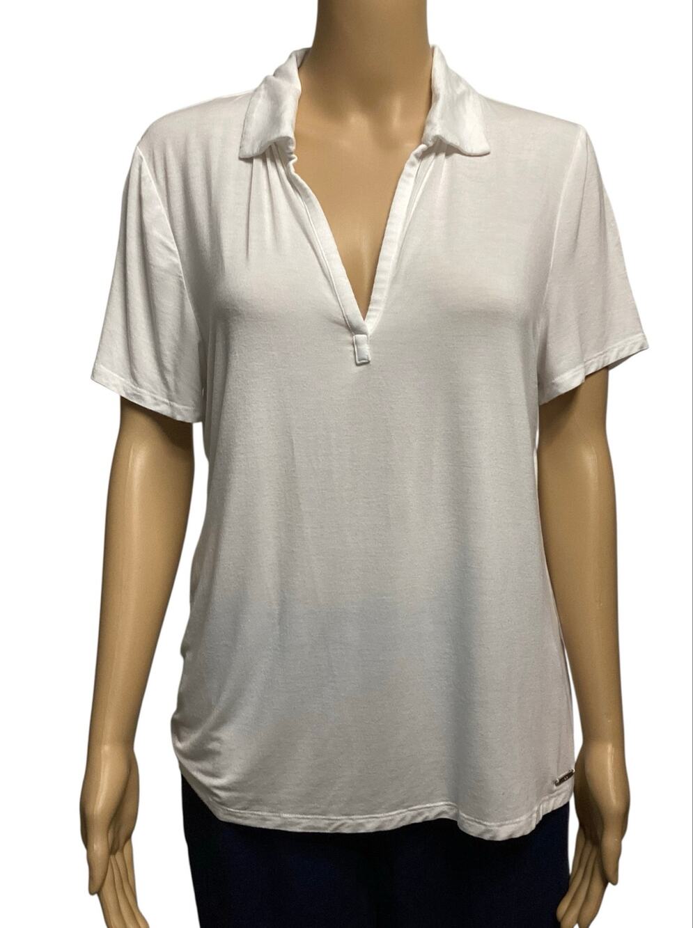 Elie Tahari Womens White Short Sleeve Johnny Collar Polo Shirt Tee Size L
